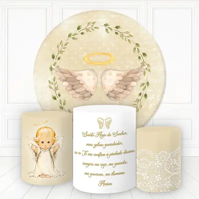 Aperturee Angel Wings In Leaves Wreath Round Baby Shower Backdrop Kit | Round Backdrop Fabric Cover | Round Party Backdrop | ...