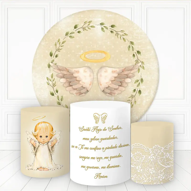 Aperturee Angel Wings In Leaves Wreath Round Baby Shower Backdrop Kit | Round Backdrop Fabric Cover | Round Party Backdrop | ...