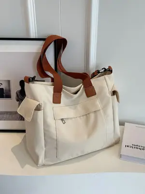 Women's 1 Piece Simple Design Casual Colorblock Tote Bag, Minimalist Pocket Design Large Capacity Tote Bag with Adjustable St...