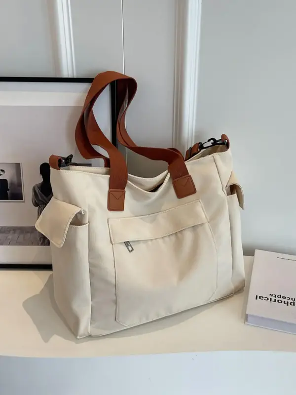 Women's 1 Piece Simple Design Casual Colorblock Tote Bag, Minimalist Pocket Design Large Capacity Tote Bag with Adjustable St...
