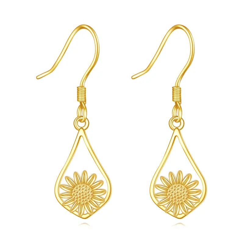 14K Gold Sunflower Drop Earrings