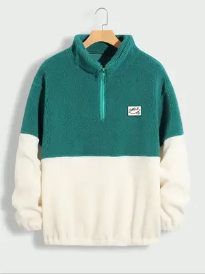 Men's Colorblock Patched Half Zip Up Plush Sweatshirt, Regular Fit Casual Mock Neck Long Sleeve Top for Spring & Fall, Men's ...