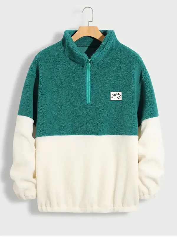 Men's Colorblock Patched Half Zip Up Plush Sweatshirt, Regular Fit Casual Mock Neck Long Sleeve Top for Spring & Fall, Men's ...