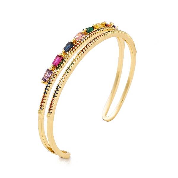 Brass Pave Colorful Cubic Zirconia 2-Strand Open Cuff Bangles for Women