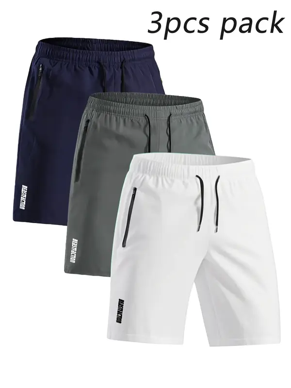 3pcs men's solid colour shorts with zip pockets and active elastic waist drawstring shorts for summer outdoor fitness leisure...