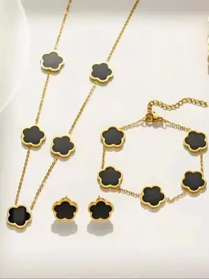 Elegant Flower Charm Necklace & Bracelet & Stud Earrings, Trendy All-match Matching Jewelry Set, Fashionable Vintage Jewelry ...