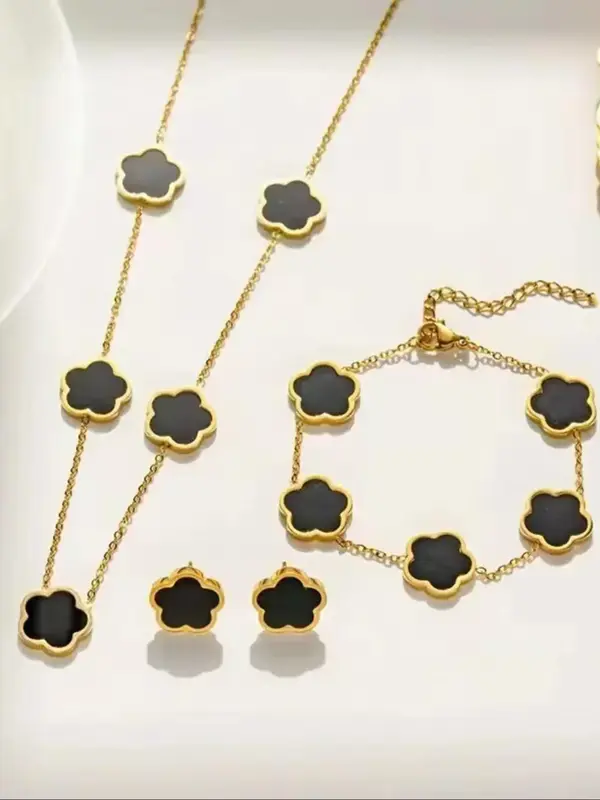 Elegant Flower Charm Necklace & Bracelet & Stud Earrings, Trendy All-match Matching Jewelry Set, Fashionable Vintage Jewelry ...