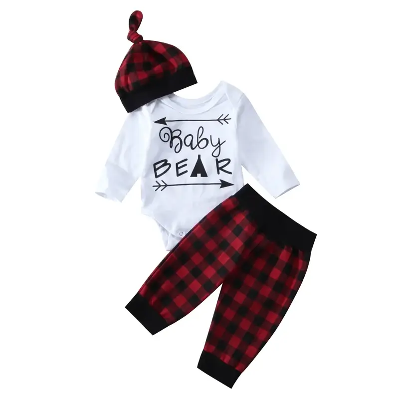 Infant Newborn Baby Boy Girl Long Sleeve Bear Romper+Plaids Long Pants+Hat Outfits Clothes Set