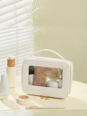 Women's Plain Color Makeup Bag, Casual Trendy Zipper Clear Toiletry Bag, Fashionable Traveling Cosmetic Bag for Daily Use Ski...