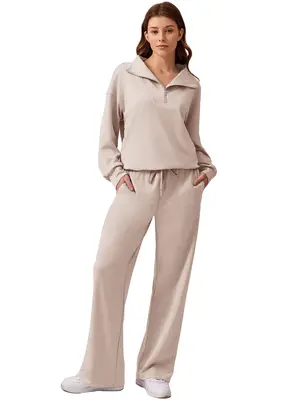 Pinspark Women's Two-Piece Sports Set Long-Sleeved Half-Zip Cardigan Sweatshirt Sports Pants Comfortable Wear Multiple Colors...