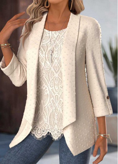 Modlily Beige Tummy Coverage 3/4 Sleeve Fake Two Piece Twinset - XL