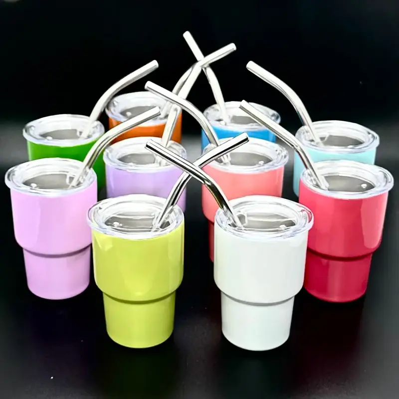 Mini 2 oz Shot Glass Tumbler with Lid and Metal Straw