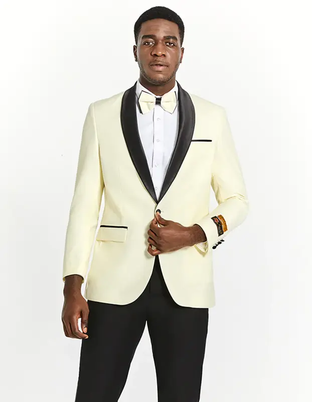 Mens Modern Fit Ivory Prom Tuxedo Suit Dinner Jacket with Black Shawl Lapel