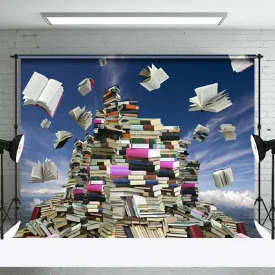 Books Flying In Blue Sky World Book Day Backdrop - Aperturee