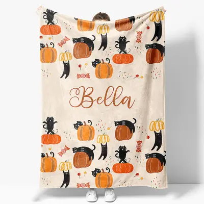 Custom Name Orange Pumpkins Cats Halloween Blanket