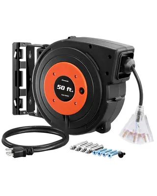 DEWENWILS 50ft Retractable Extension Cord Reel, Heavy Duty Power Cord, 14AWG/3C SJTOW, 3 Grounded Outlets Lighted Triple Tap,...