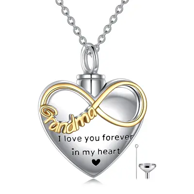 Sterling Silver Two-tone Heart & Infinity Symbol Urn Necklace for Ashes with Engraved Word