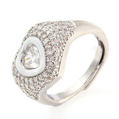 Enamel Heart Adjustable Ring with Clear Cubic Zirconia