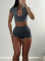 Women's Solid Crop Top & High Waist Shorts Two-piece Set, Casual Fashion Cozy Breathable Two Piece Outfits for Daily Outdoor ...
