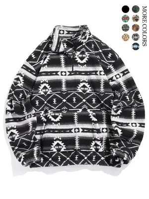 Men's Plain/Ethnic Pattern Zip Up Kangaroo Pocket Plush Sweatshirt, Casual Loose Long Sleeve Drop Shoulder Sweatshirt for Fal...