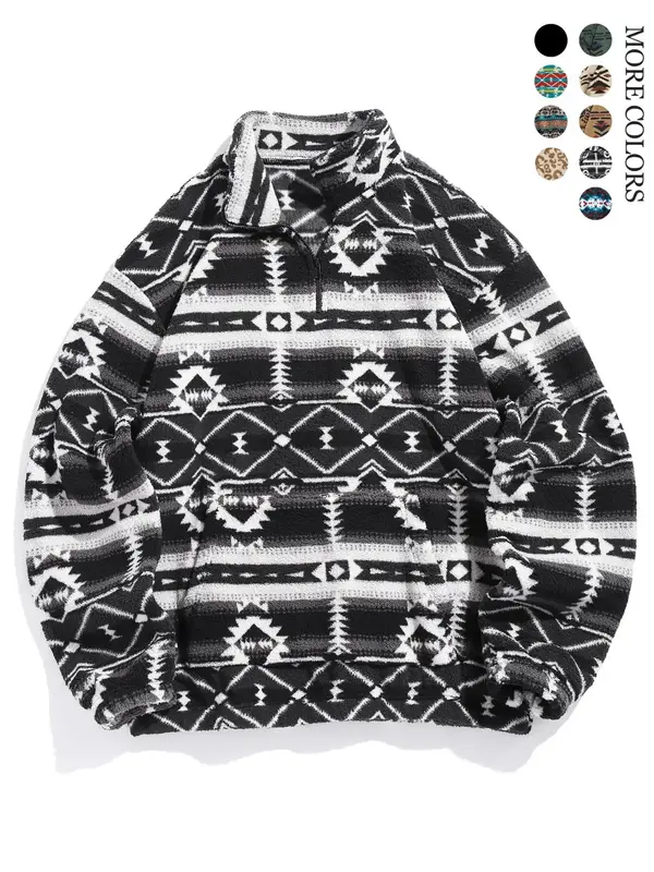 Men's Plain/Ethnic Pattern Zip Up Kangaroo Pocket Plush Sweatshirt, Casual Loose Long Sleeve Drop Shoulder Sweatshirt for Fal...