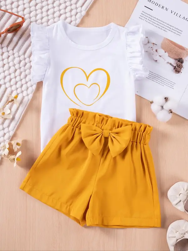 Two-Piece Set Toddler Girl's Heart Print Short Sleeve Tee & Bow Decor Shorts, Cute Casual Round Neck T-shirt & Elastic Waist ...