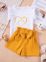 Two-piece Set Toddler Girl's Heart Print Short Sleeve Tee & Bow Decor Shorts, Cute Casual Round Neck T-shirt & Elastic Waist ...