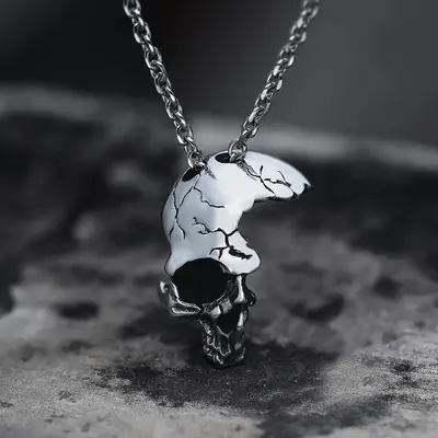 GTHIC Gothic Damaged Half Face Skull Stainless Steel Pendant Necklace For Men Women Birthday Mother's Day Gift