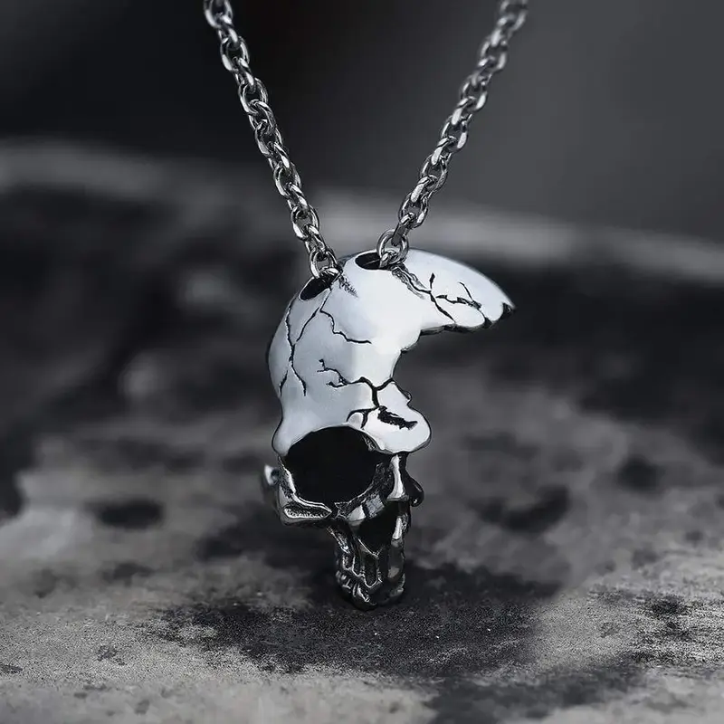GTHIC Gothic Damaged Half Face Skull Stainless Steel Pendant Necklace For Men Women Birthday Mother's Day Gift