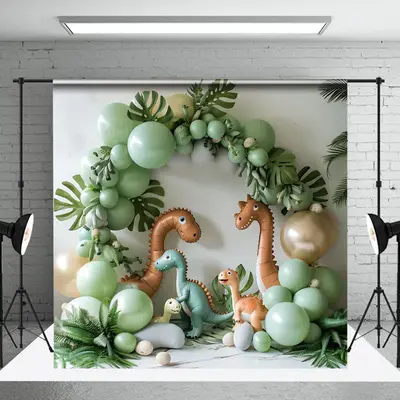 Green Balloon Jungle Dinosaur Safari Photo Backdrop - Aperturee