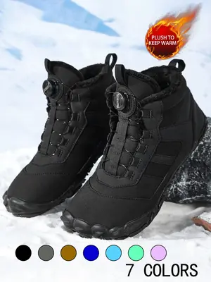 Men's Solid Color Lace Up Ankle Snow Boots, with Rotating Buckle Design, Casual Comfortable Warm Thermal Lined Boots for Fall...