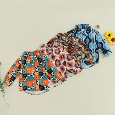 Western Baby Boy Clothes Pattern Print Shirts Long Sleeve Button Down Lapel Neck Tops Fall Clothes 6M-4T