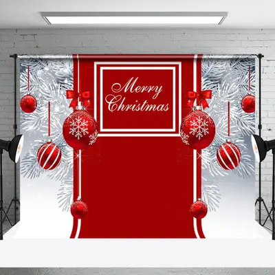 White Pine Leaves Red Bauble Merry Christmas Backdrop - Aperturee