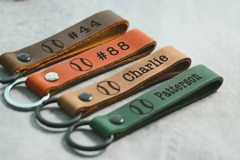 SLIM Baseball Personalized Keychain / Keyring / bag Tag / Name Tag - Leather Keychain
