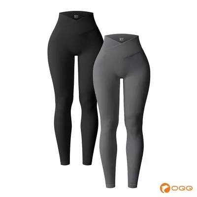OQQ Women's 2 Piece High Waist Leggings Cross Over Yoga Ribbed Seamless Workout Athletic Exercise Leggings Tight Fitting Pant...