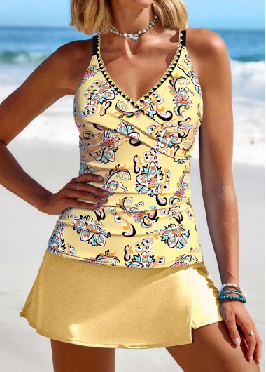 Modlily Surplice Tribal Print Light Yellow Tankini Set - S
