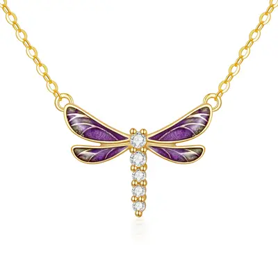 9K Gold Round Cubic Zirconia Dragonfly Pendant Necklace