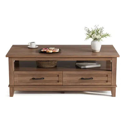 Garvee Coffee Table with Drawers, Farmhouse Center Table with Storage, 47.2 Living Room Table with Open Display Shelf