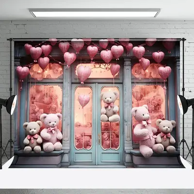 Aperturee Retro Romantic Store Bear Valentines Day Backdrop, 3X2FT(1MX0.6M), 14 USD, valentines day backdrops, NYHD1I94-M