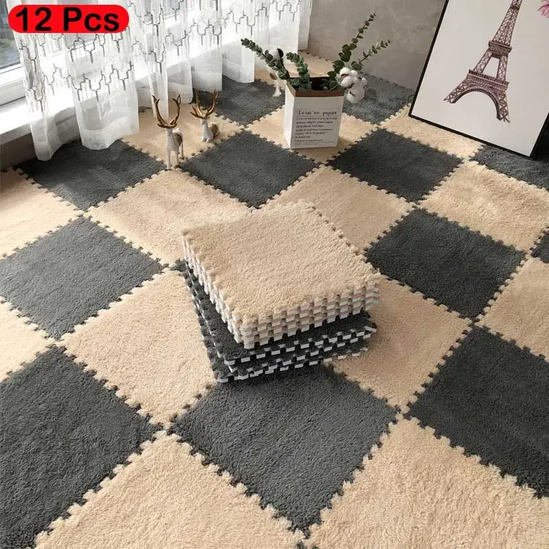 Checkerboard Pattern Floor Mat, 12pcs/set Soft Non-slip Puzzle Floor Mat, Decorative Carpet for Home Living Room Bedroom