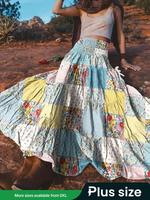 【Plus Size】 Patchwork Print Pocket Skirt, Boho Casual Fashionable Bohemian Long Skirt for Daily Wear, Women's Bottoms for...
