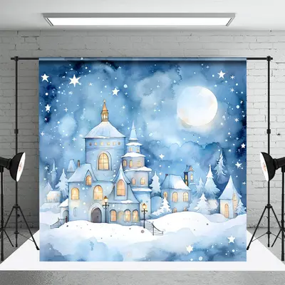 Fairy Tale Snowy Town Moon Stars Winter Backdrop