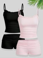 Women's Solid Lace Trim Cami Top & Shorts Two-piece Set, Casual Pastel Sleeveless Top & Shorts for Daily Wear, Ladies Summe...
