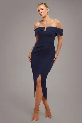 Goddiva Off The Shoulder Chiffon Wing Scuba Crepe Midi Dress - Navy Blue