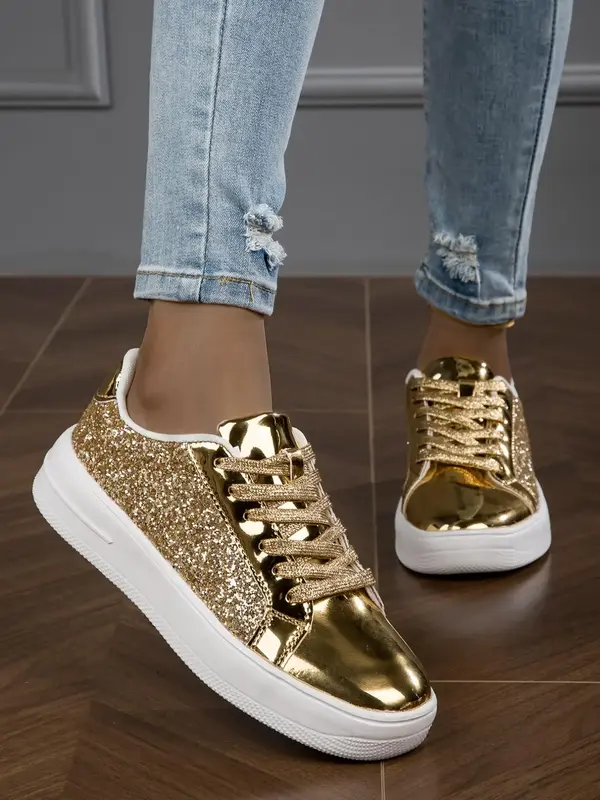 Women's Summer 2024 Glitter Lace up Low Top Sneakers, Lightweight Breathable Comfortable Sports Running Shoes for Daily Wear,...