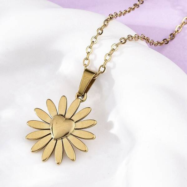 Heart Flower 304 Stainless Steel Pendant Necklaces