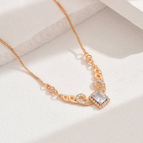 Elegant Vintage Brass Pave Cubic Zirconia Women's Rectangle Pendant Necklaces