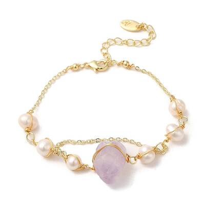 Natural Amethyst Nuggets & Pearl Link Bracelets