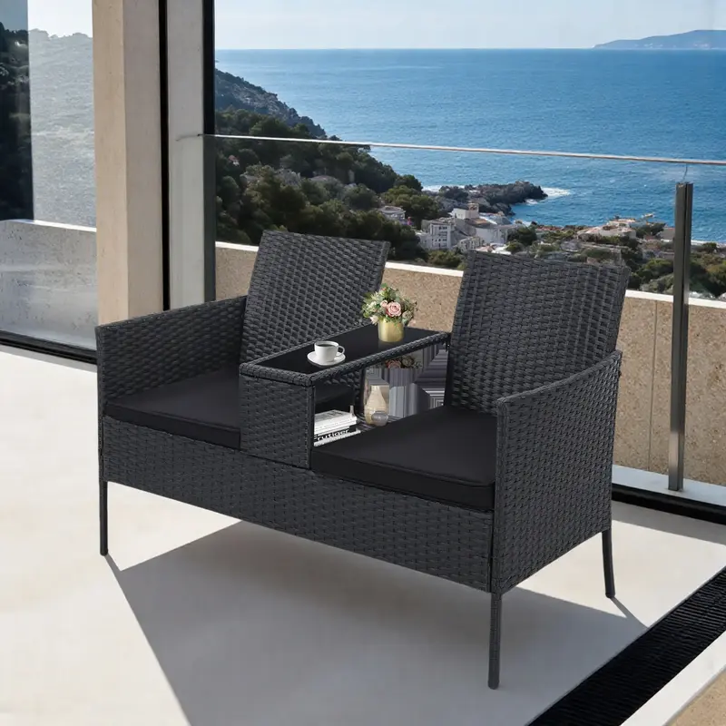 Wicker 2 Seat Patio Conversation Set,Patio Double Chair Loveseat Set， Outdoor Rattan Loveseat with Table, Washable Cushion ...