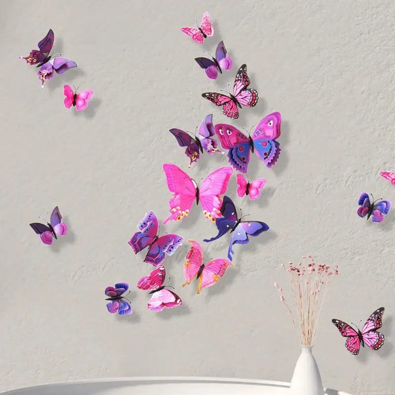 12pcs Butterfly Design Wall Sticker, Creative 3D Double Layer Butterfly Design Wall Decal, Decorative Sticker For Party Cake,...